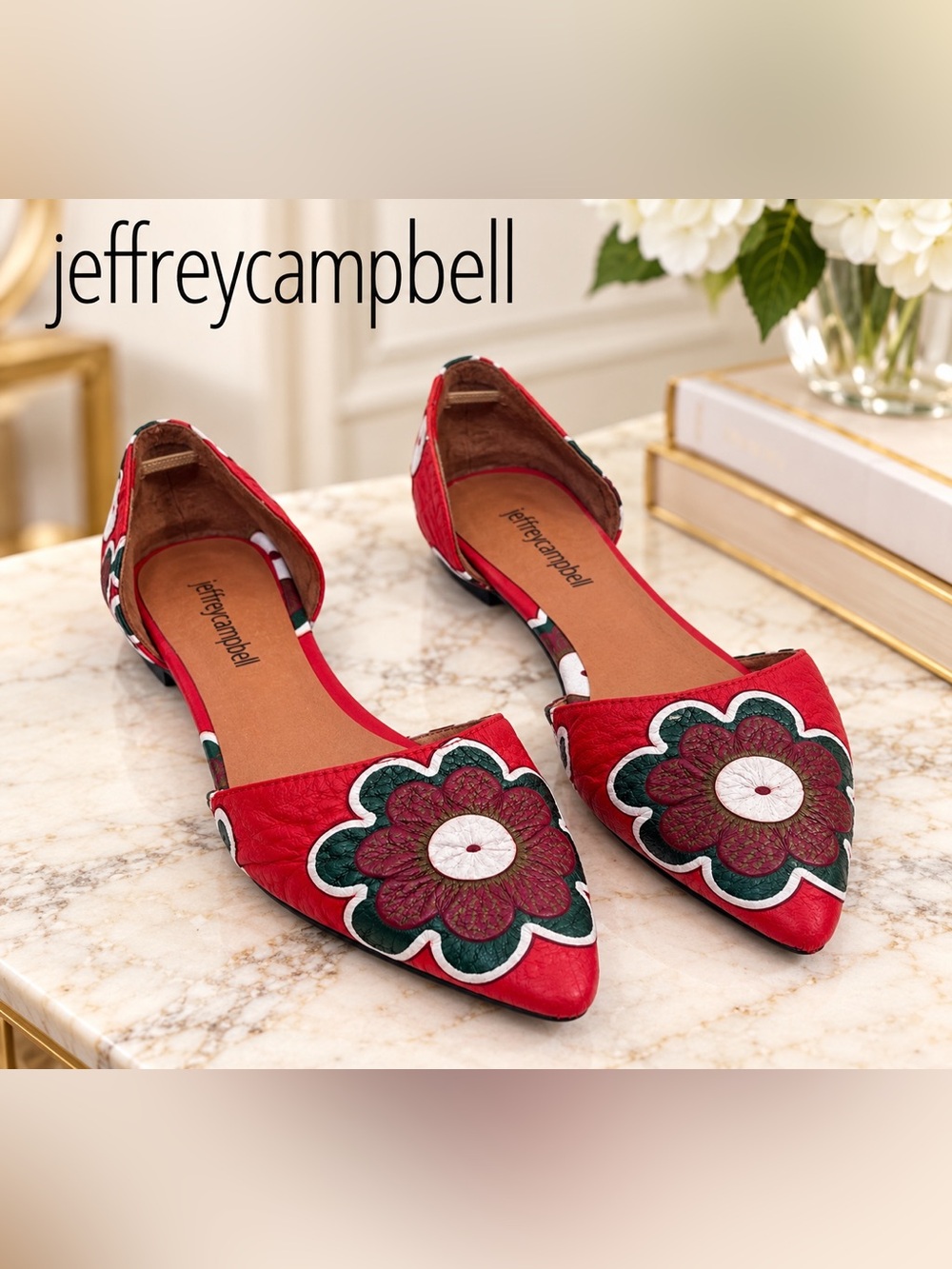Jeffrey Campbell Red Floral Pointed-Toe D’Orsay Flats Size 8.5